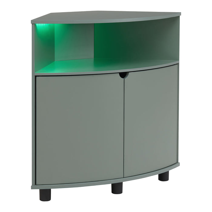 Right facing contemporary sage green two-door corner cabinet with LED lighting on a white background
