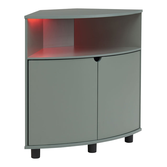 Right facing contemporary sage green two-door corner cabinet with LED lighting on a white background