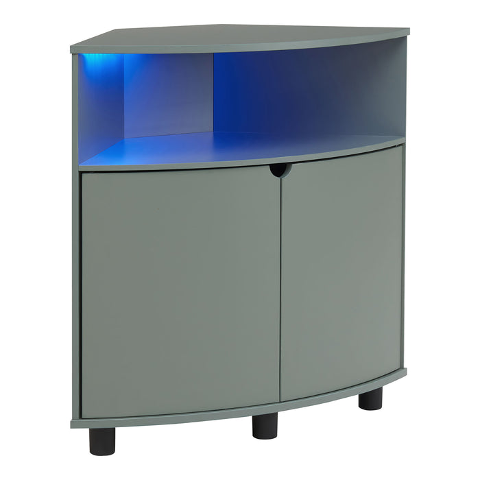 Right facing contemporary sage green two-door corner cabinet with LED lighting on a white background