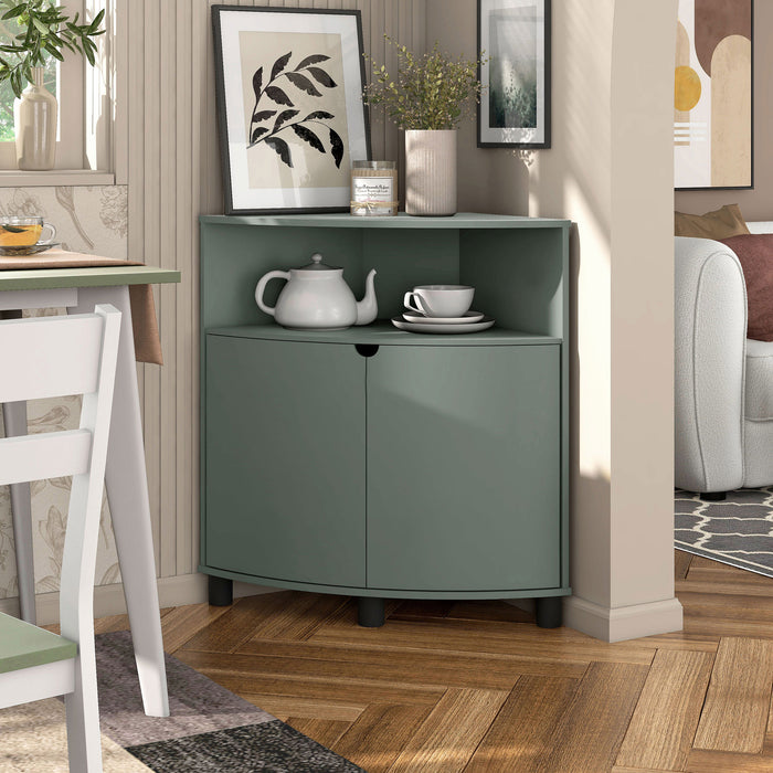 Left facing contemporary sage green two-door corner cabinet with LED lighting in a room with accessories