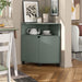 Left facing contemporary sage green two-door corner cabinet with LED lighting in a room with accessories