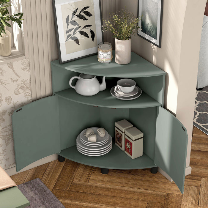 Left facing contemporary sage green two-door corner cabinet with LED lighting, shown with doors open in a room with accessories