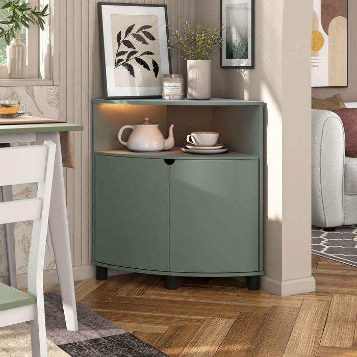 Left facing contemporary sage green two-door corner cabinet with LED lighting in a room with accessories