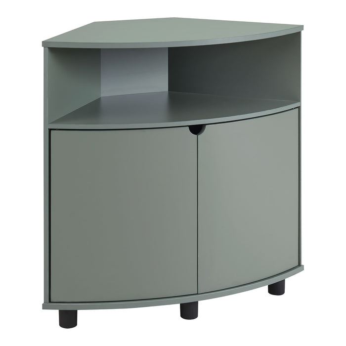Right facing contemporary sage green two-door corner cabinet with LED lighting on a white background