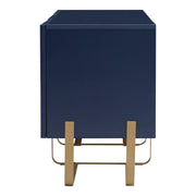 Front facing side view of a contemporary indigo blue and vintage gold fluted three-door TV stand on a white background