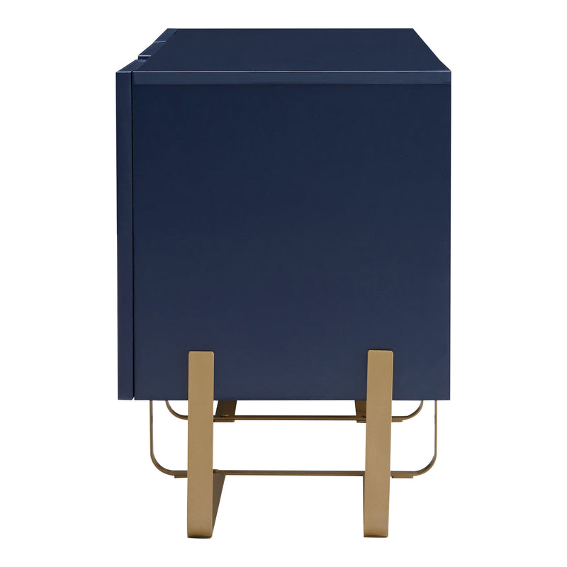 Front facing side view of a contemporary indigo blue and vintage gold fluted three-door TV stand on a white background