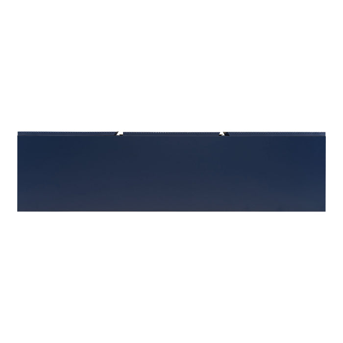 Front facing top view of a contemporary indigo blue and vintage gold fluted three-door TV stand on a white background