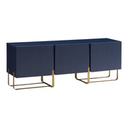 Right facing contemporary indigo blue and vintage gold fluted three-door TV stand on a white background