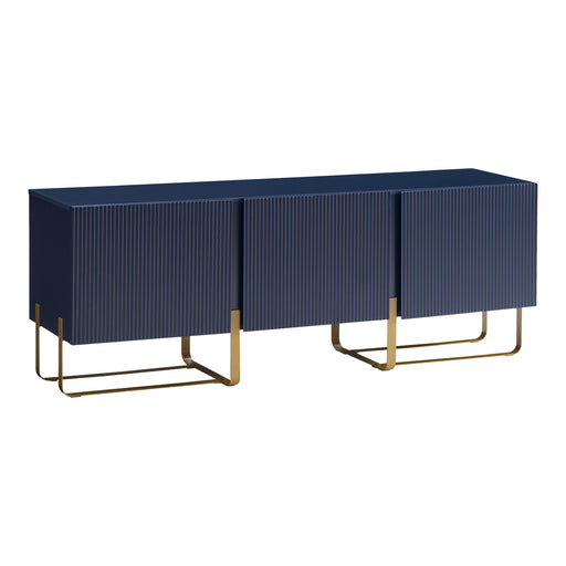 Right facing contemporary indigo blue and vintage gold fluted three-door TV stand on a white background