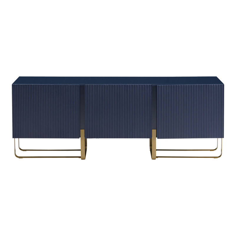 Front facing contemporary indigo blue and vintage gold fluted three-door TV stand on a white background