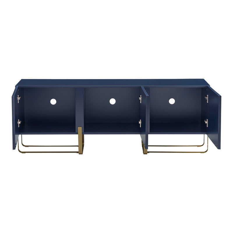 Front facing contemporary indigo blue and vintage gold fluted three-door TV stand with doors open on a white background