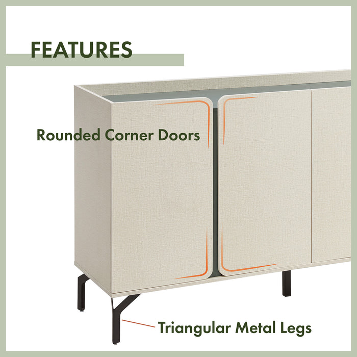 Informational image showing the rounded corner doors of a contemporary cream weave and sage green four-door dining buffet