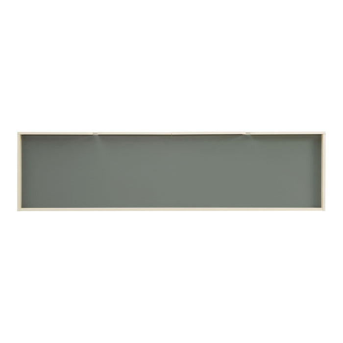 Front facing top view of a contemporary cream weave and sage green four-door dining buffet on a white background