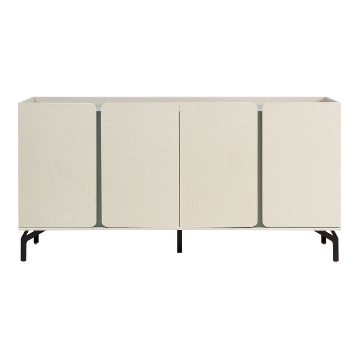 Front facing contemporary cream weave and sage green four-door dining buffet on a white background