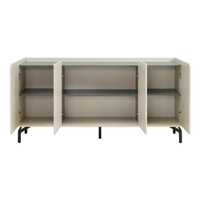 Front facing contemporary cream weave and sage green four-door dining buffet with doors open on a white background