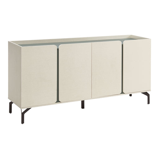 Right facing contemporary cream weave and sage green four-door dining buffet on a white background