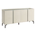 Right facing contemporary cream weave and sage green four-door dining buffet on a white background