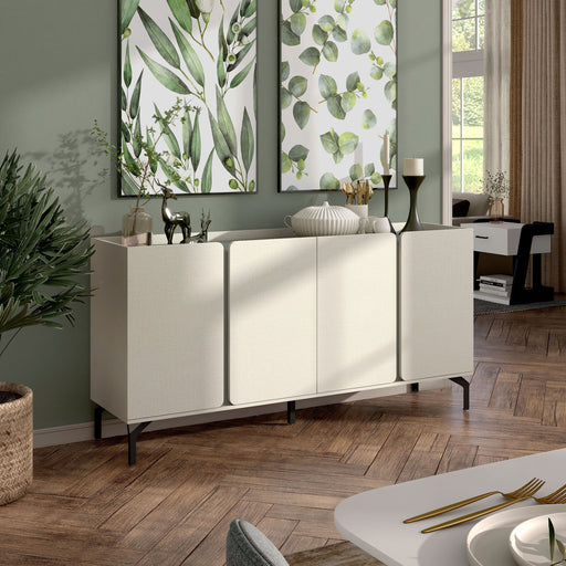 Right facing contemporary cream weave and sage green four-door dining buffet in a room with accessories