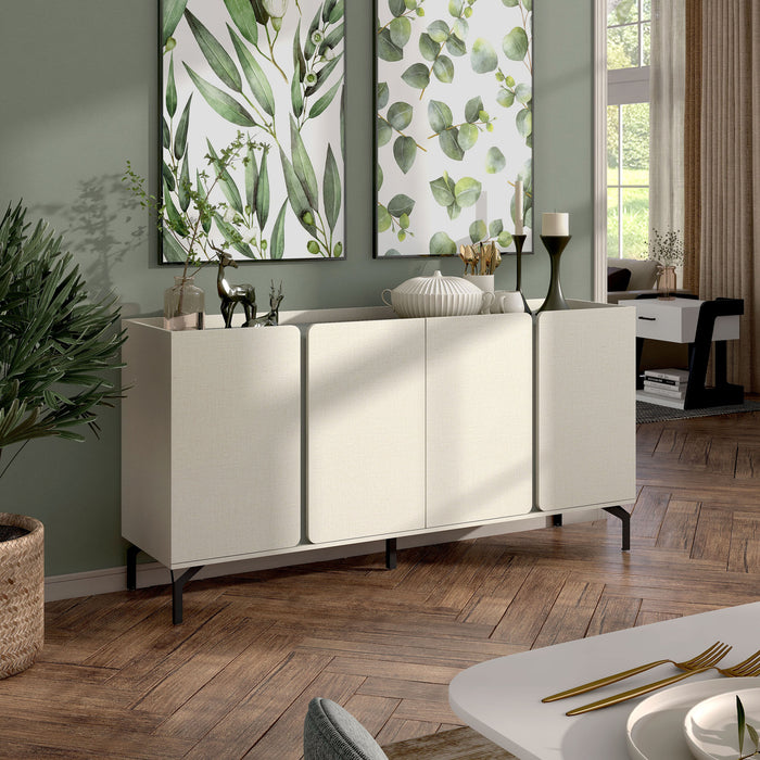 Right facing contemporary cream weave and sage green four-door dining buffet in a room with accessories