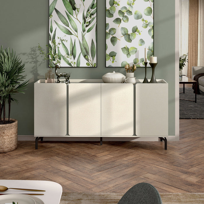 Front facing contemporary cream weave and sage green four-door dining buffet in a room with accessories