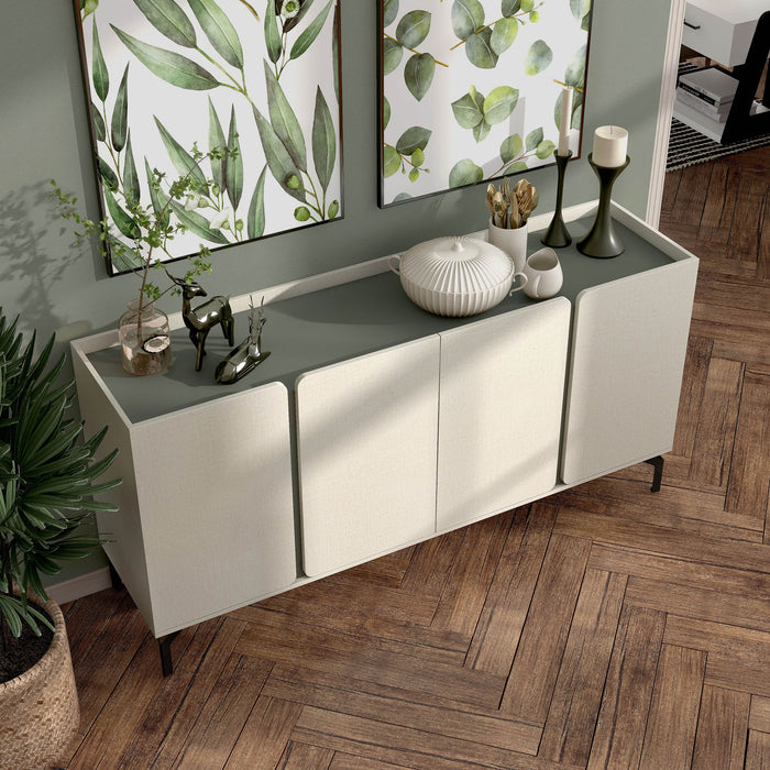Right facing bird's eye view of a contemporary cream weave and sage green four-door dining buffet in a room with accessories