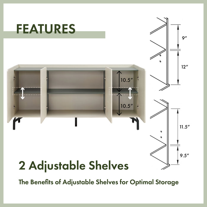 Informational image showing the features of a contemporary cream weave and sage green four-door dining buffet