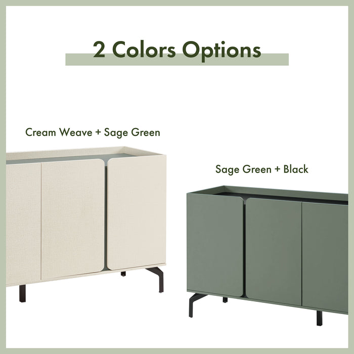 Informational image showing the color options of a contemporary cream weave and sage green four-door dining buffet