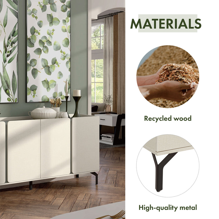 Informational image showing the materials of a contemporary cream weave and sage green four-door dining buffet