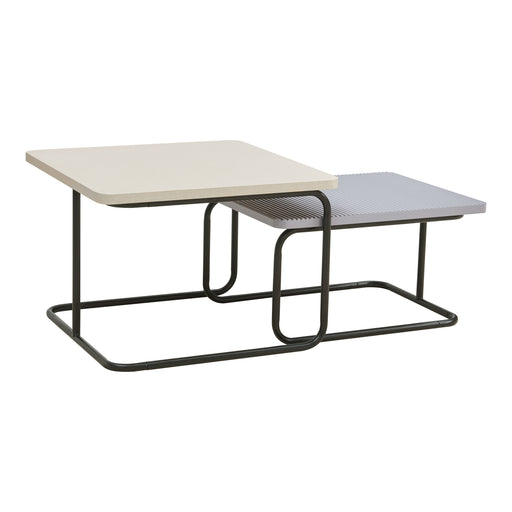 Right facing modern cream weave and grey nesting coffee table set on a white background