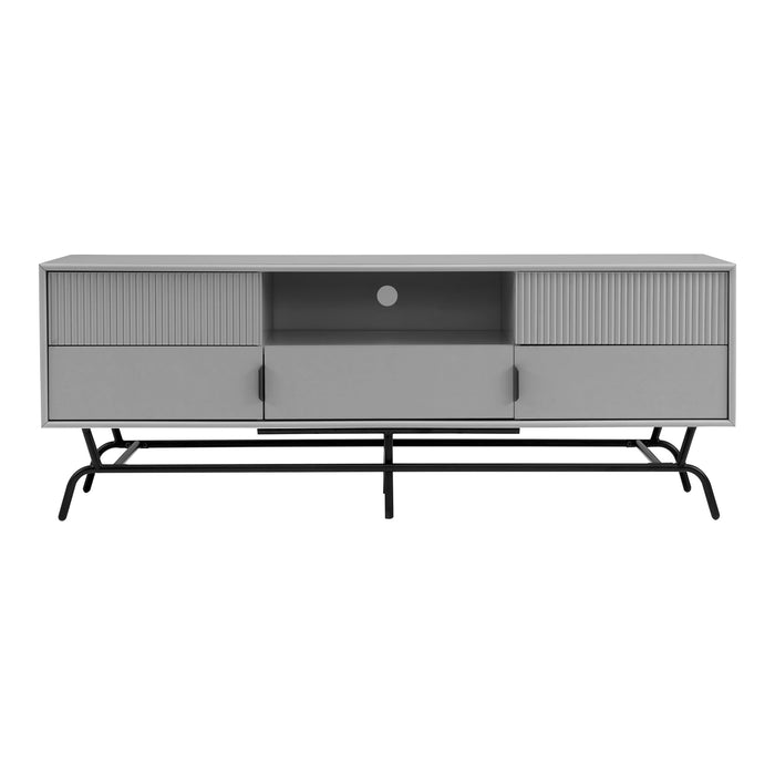 Front facing contemporary grey and black three-drawer two-door TV stand with fluting on a white background