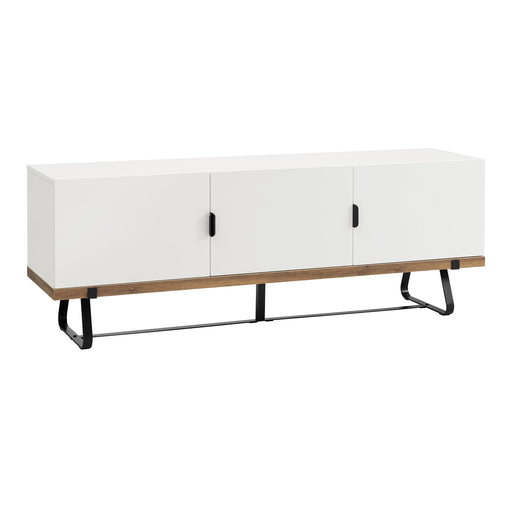 Right facing contemporary pure white and distressed oak three-door TV stand with cord management on a white background