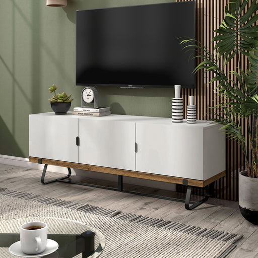 Left facing contemporary pure white and distressed oak three-door TV stand with cord management in a room with accessories