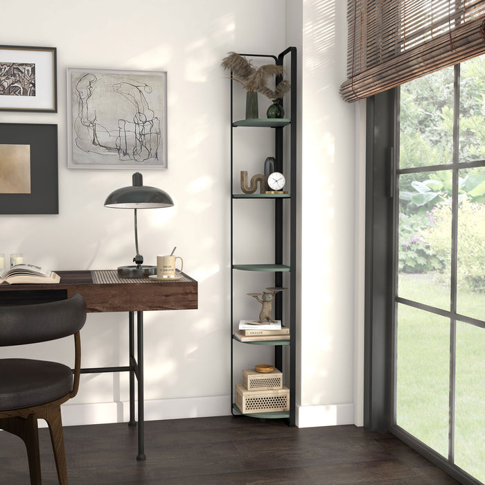 Left facing modern sage green and black five-shelf corner bookcase in a room with accessories