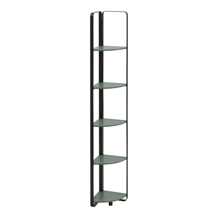 Right facing modern sage green and black five-shelf corner bookcase on a white background