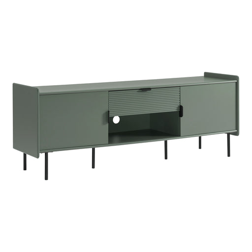 Right facing contemporary sage green and black two-door one-drawer TV stand with cord management on a white background