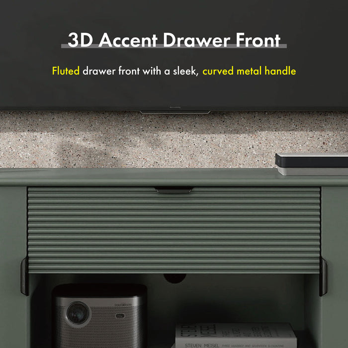 Informational image showing the dimensional wave drawer front of a contemporary sage green and black two-door one-drawer TV stand with cord management 