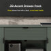 Informational image showing the dimensional wave drawer front of a contemporary sage green and black two-door one-drawer TV stand with cord management 