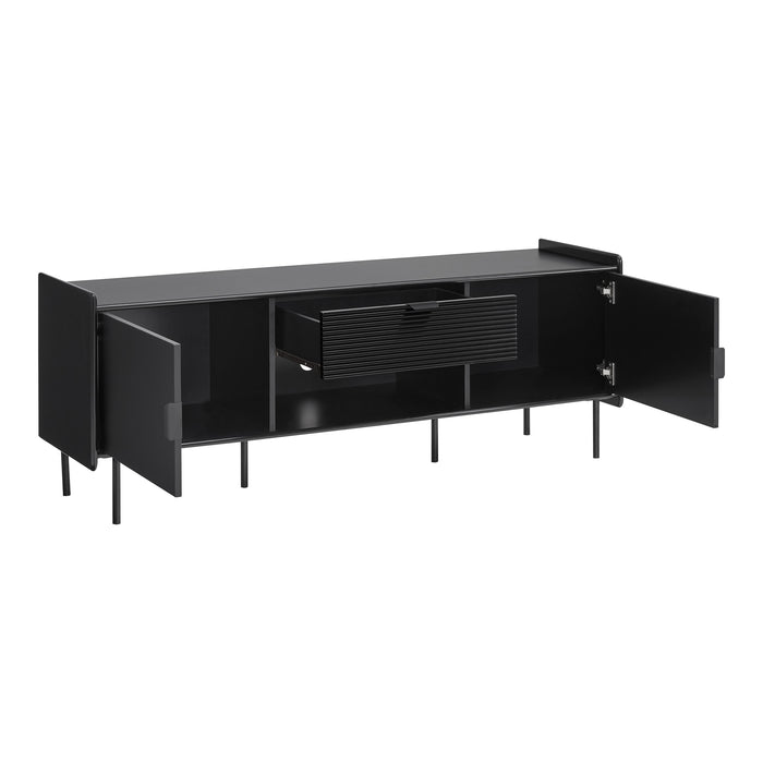 Right facing contemporary black two-door one-drawer TV stand with cord management and doors and drawer open on a white background