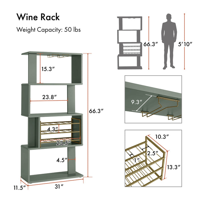 Informational image showing the product dimensions of a modern sage green and brass open four-shelf wine rack with bottle and stemware storage