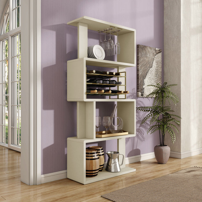 Right facing modern cream weave and brass open four-shelf wine rack with bottle and stemware storage in a room with accessories