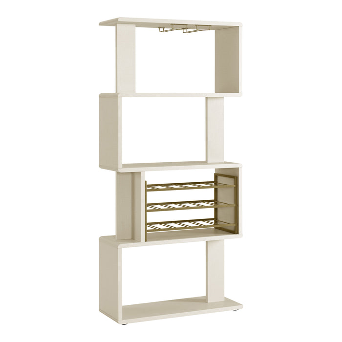 Right facing modern cream weave and brass open four-shelf wine rack with bottle and stemware storage on a white background
