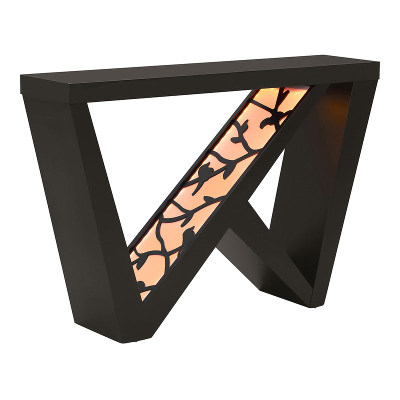 Right facing contemporary black W-shaped console table with LED accent lighting and a bird pattern on a white background