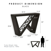 Informational image showing the product dimensions of a contemporary black W-shaped console table with LED accent lighting and a bird pattern