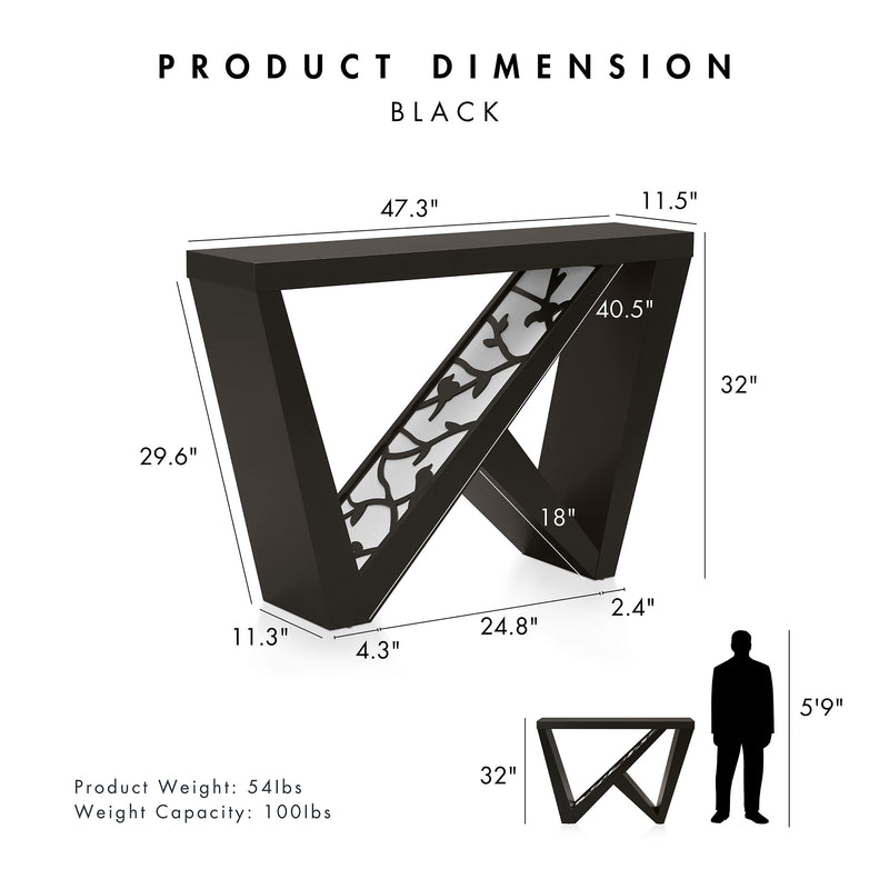 Informational image showing the product dimensions of a contemporary black W-shaped console table with LED accent lighting and a bird pattern