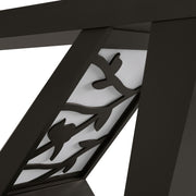 Left facing close up view of the shade panel on a contemporary black W-shaped console table with LED accent lighting and a bird pattern on a white background