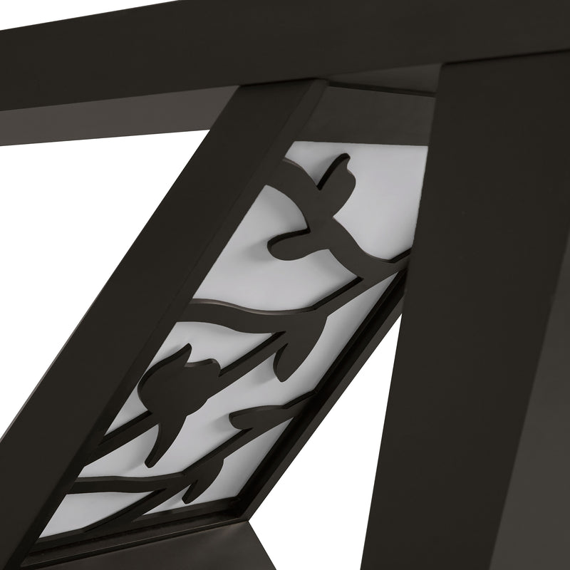 Left facing close up view of the shade panel on a contemporary black W-shaped console table with LED accent lighting and a bird pattern on a white background