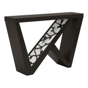 Right facing contemporary black W-shaped console table with LED accent lighting and a bird pattern on a white background