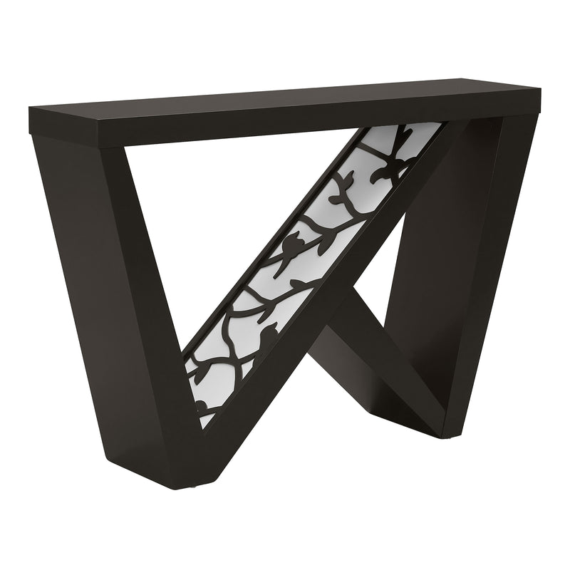 Right facing contemporary black W-shaped console table with LED accent lighting and a bird pattern on a white background