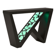 Right facing contemporary black W-shaped console table with LED accent lighting and a bird pattern on a white background