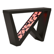 Right facing contemporary black W-shaped console table with LED accent lighting and a bird pattern on a white background